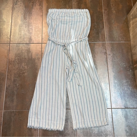 Cloth & STONE ANTHROPOLOGIE striped linen strapless cropped wide-leg jumpsuit M - Picture 3 of 11